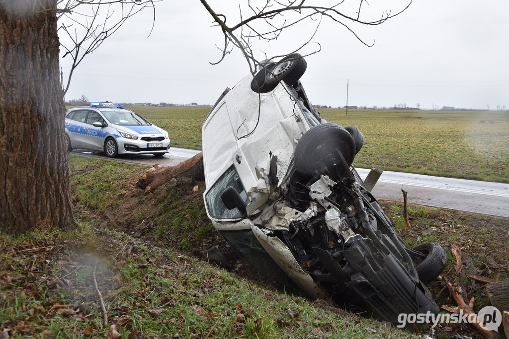 Czajkowo (gm. Gostyń). Mężczyzna na łuku drogi Gostyń - Poniec nie zapanował nad kierownicą auta i uderzył w drzewo