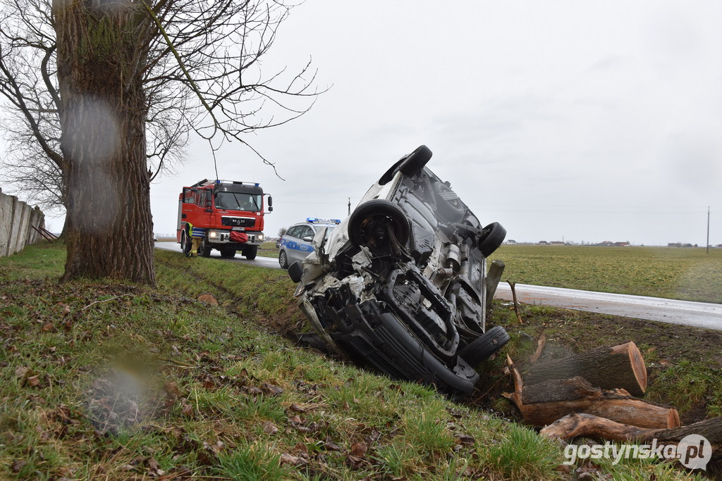 Czajkowo (gm. Gostyń). Mężczyzna na łuku drogi Gostyń - Poniec nie zapanował nad kierownicą auta i uderzył w drzewo