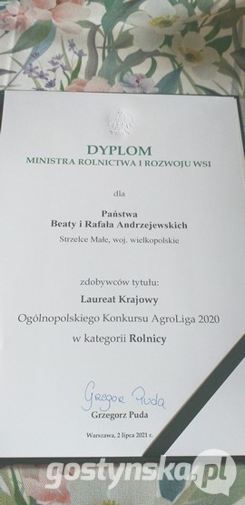 Dyplom uznania dla rolników ze Strzelec Małych za udział w konkursie AgroLiga.