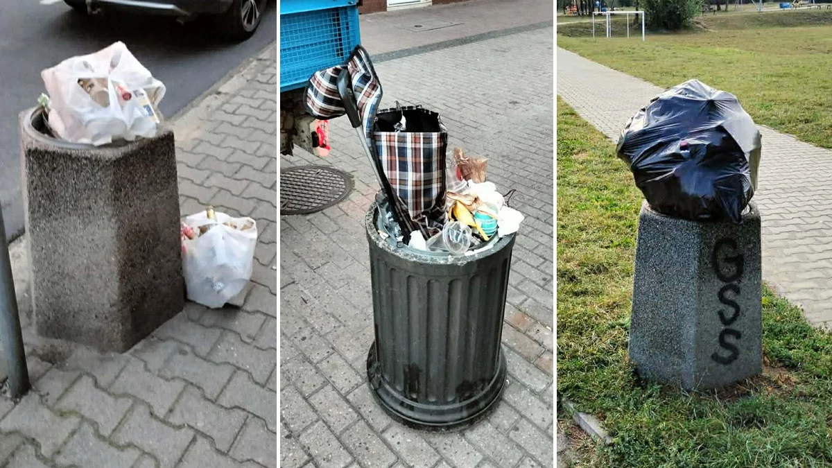 Wózek na zakupy, paczkowane ulotki reklamowe, reklamówki z butelkami. Ktoś pomylił kontenery z ulicznymi koszami