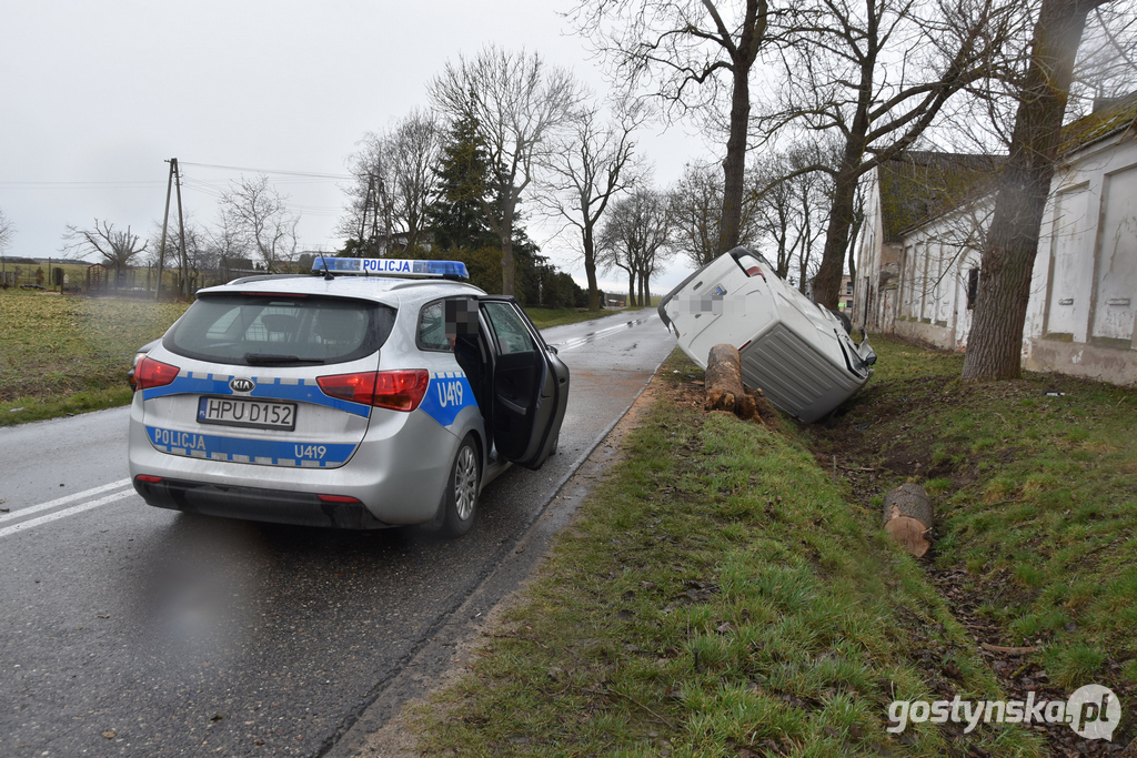 Czajkowo (gm. Gostyń). Mężczyzna na łuku drogi Gostyń - Poniec nie zapanował nad kierownicą auta i uderzył w drzewo