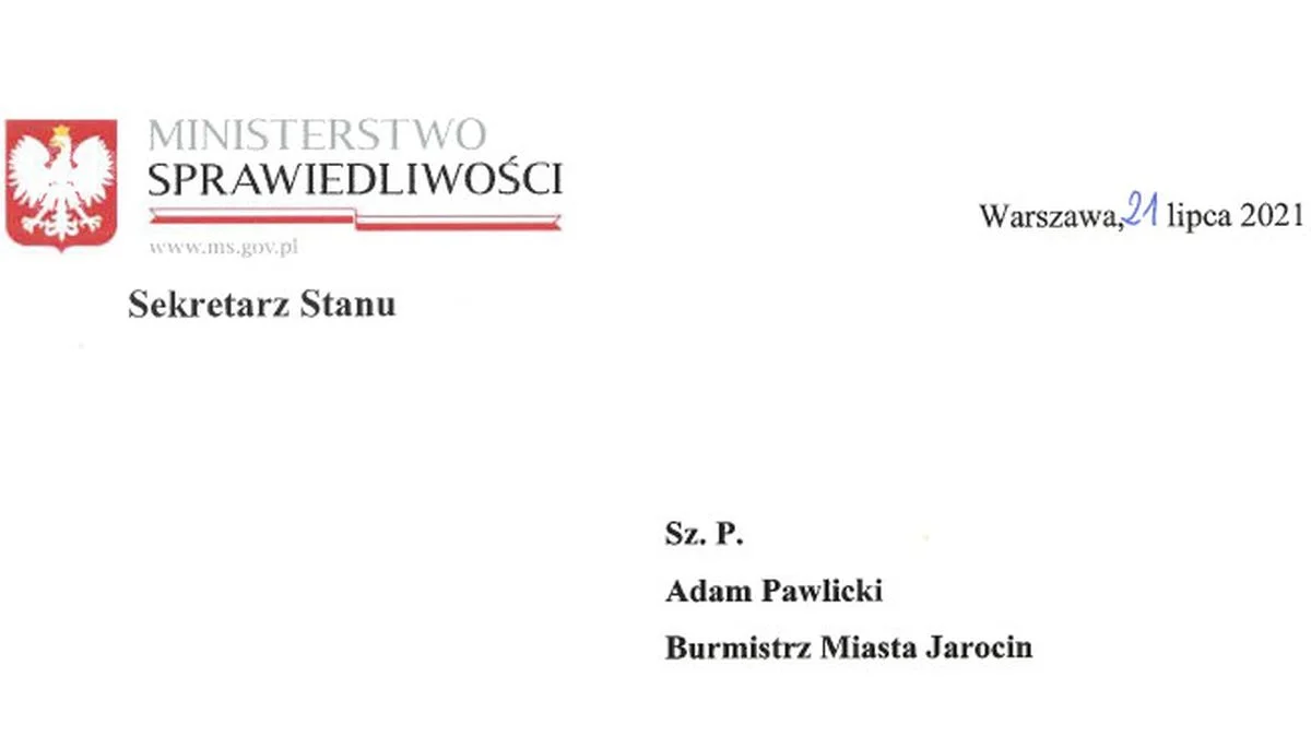 Burmistrz Adam Pawlicki otrzymał list z Ministerstwa Sprawiedliwości. Znamy szczegóły pisma - Zdjęcie główne
