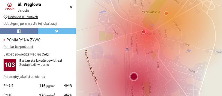Jarocin. Widzicie te czerwone punkty? Bardzo złe powietrze!  - Zdjęcie główne