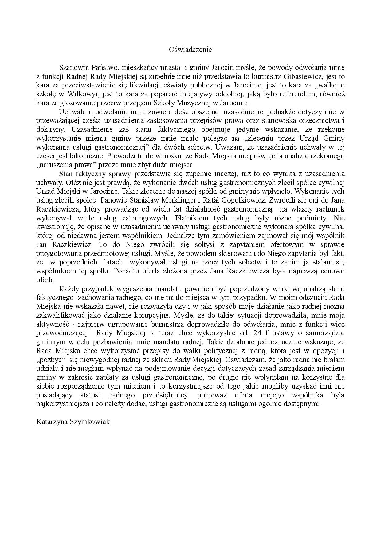 Jarocin. Oświadczenie radnej Katarzyny Szymkowiak - Zdjęcie główne