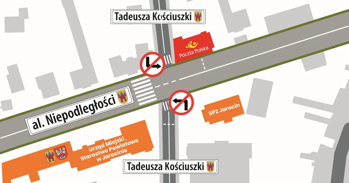 Zmiana organizacji ruchu na skrzyżowaniu ul. Kościuszki i Niepodległości w Jarocinie - Zdjęcie główne