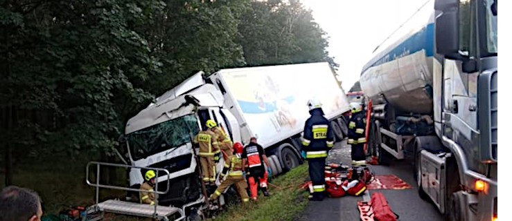 Karambol ciężarówek na drodze krajowej nr 11 w Brodowie. Uwalniano kierowcę  - Zdjęcie główne