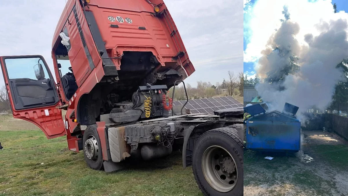 Awaria ciężarówki i pożar na cmentarzu. Strażacy w akcji