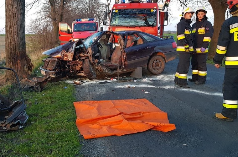 Audi uderzyło w drzewo. Kierowca zakleszczony w rozbitym samochodzie [FOTO] - Zdjęcie główne