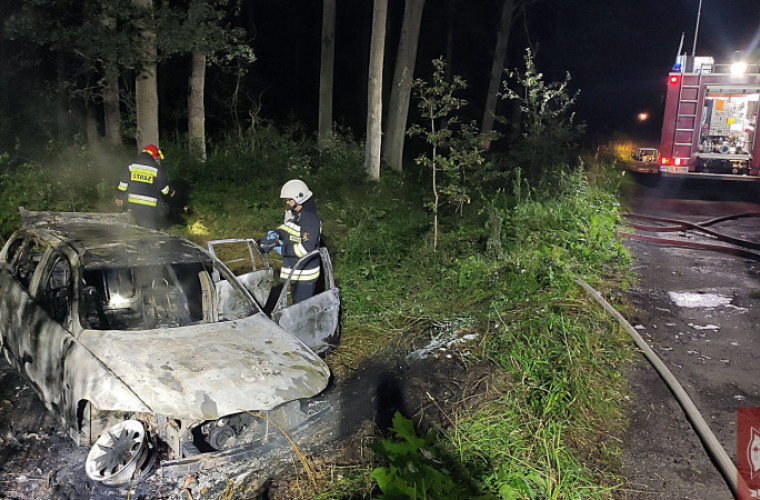 Biadki. Spalone w lesie auto [FOTO] - Zdjęcie główne