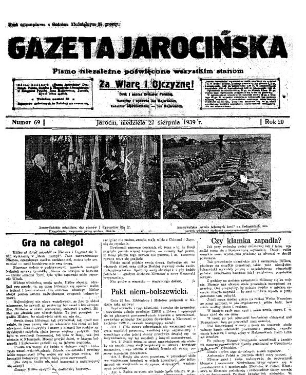 Obrazek do pytania - W jakich latach ukazywała się przedwojenna Gazeta Jarocińska?