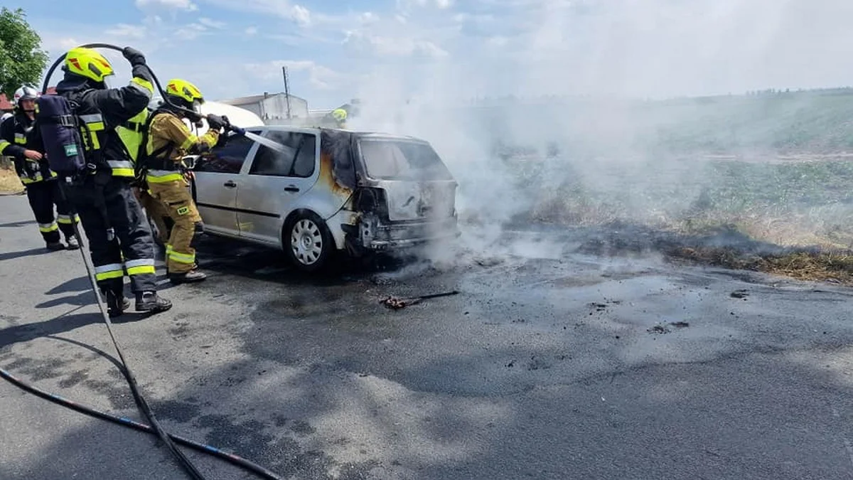 Pożar auta koło Dąbrowy - Zdjęcie główne