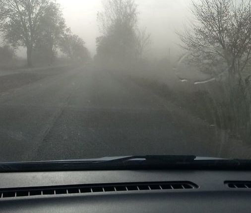 Widok zza kierownicy - na drogach w okolicy pól jest bardzo zła widoczność