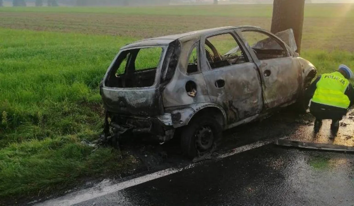 Samochód spłonął, kierowca zginął na miejscu. Tragiczny wypadek pod Śremem  - Zdjęcie główne