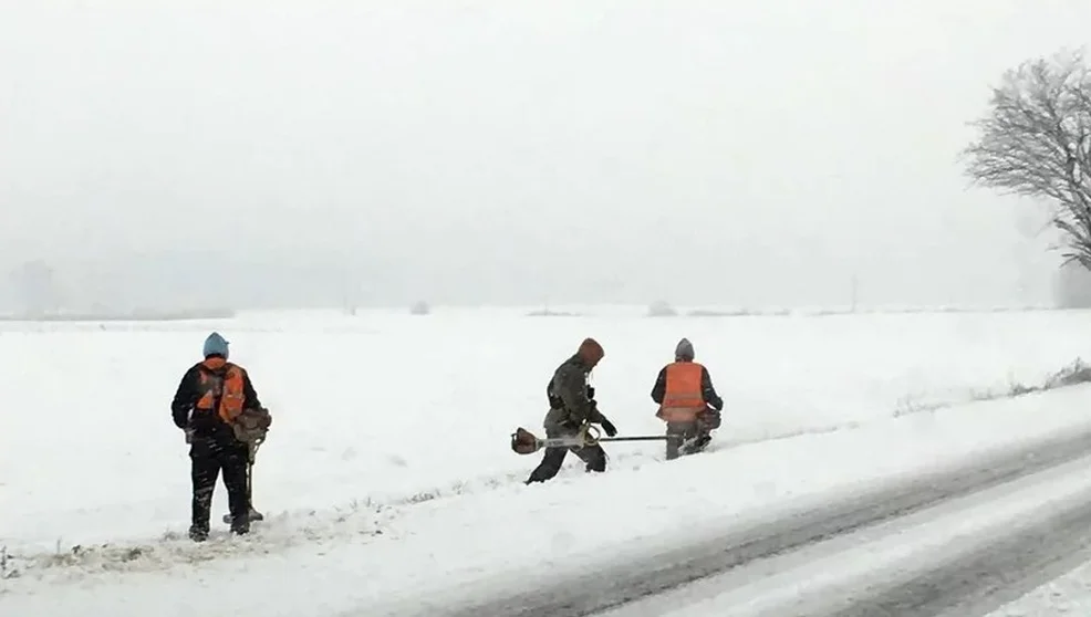 Śniegu po kostki, a oni koszą trawę - absurdalna sytuacja na drodze wojewódzkiej w okolicach Leszna - Zdjęcie główne